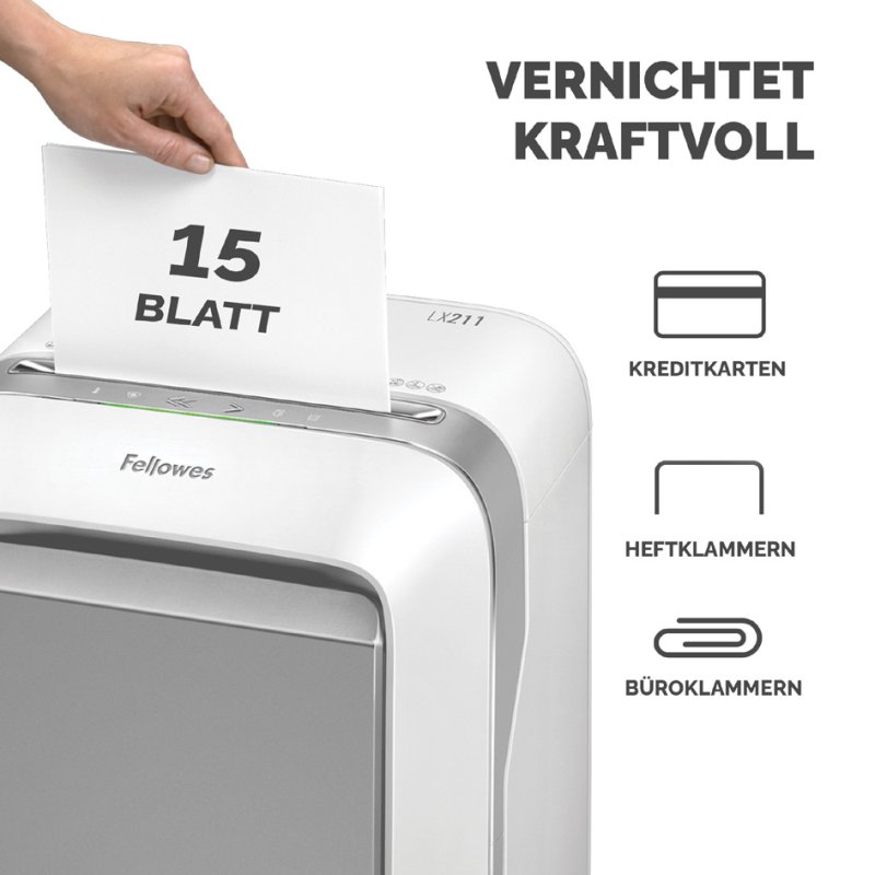 Fellowes destructeur papier Powershred LX211, blanc, 15 feuilles, 23 litres