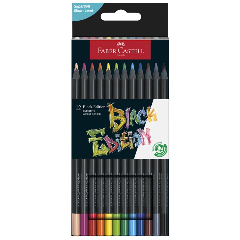 FABER-CASTELL crayons de couleur Black Edition, triangulaires, bois noir, 24 pièces