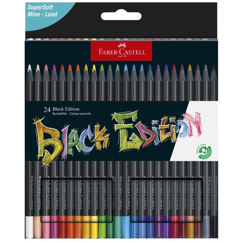 FABER-CASTELL crayons de couleur Black Edition, triangulaires, bois noir, 24 pièces