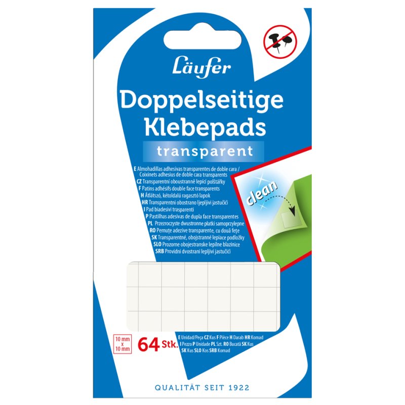 Läufer pastilles adhésives, réutilisables, transparent, 10×10 mm, 64 pièces