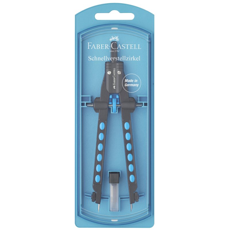 FABER-CASTELL compas à ajustement rapide FACTORY BLUE, noir/bleu, 170 mm, diamètre 340 mm