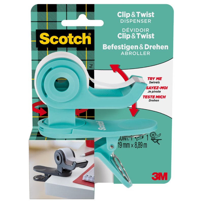 Scotch dérouleur manuel Clip & Twist, gris foncé, 19 mm × 8,9 m, avec ruban adhésif inclus