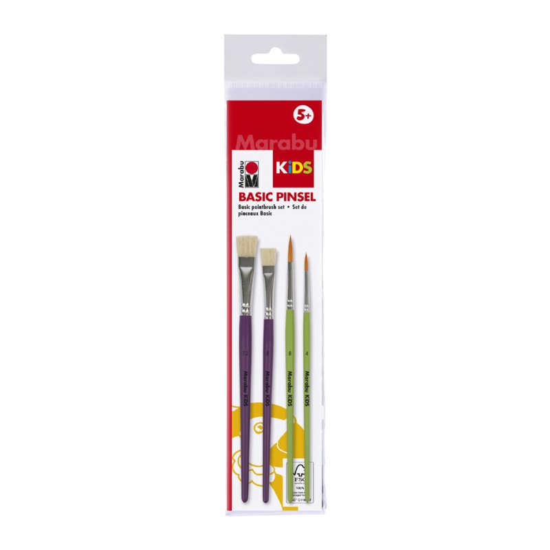 Marabu kinderpenselen Basislijn, hout, plat en rond, 4 stuks