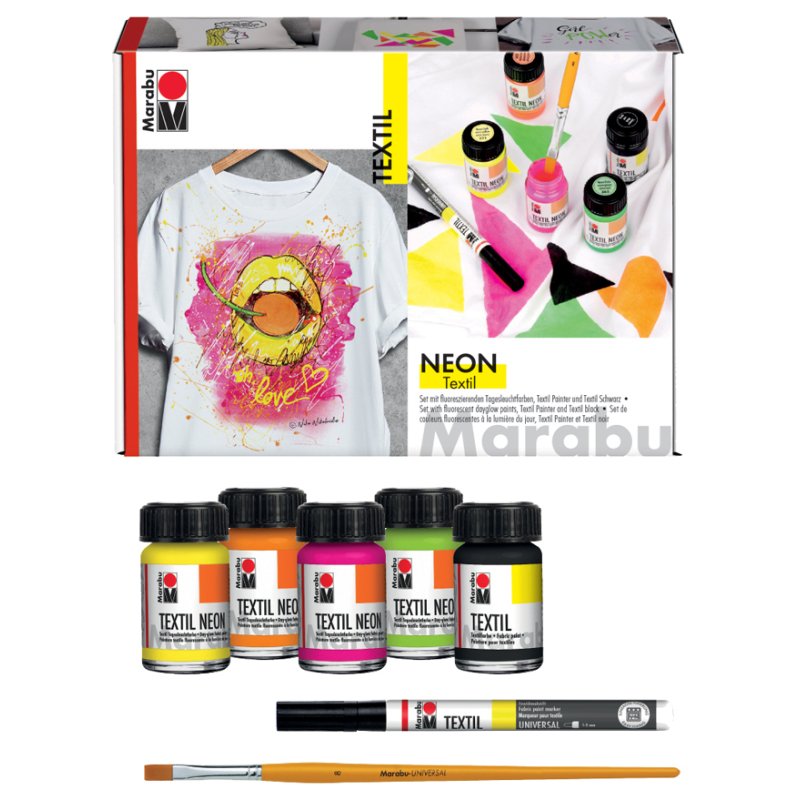 Marabu textielverf neon-set, fluoresceert in zwartlicht, 4 × 15 ml
