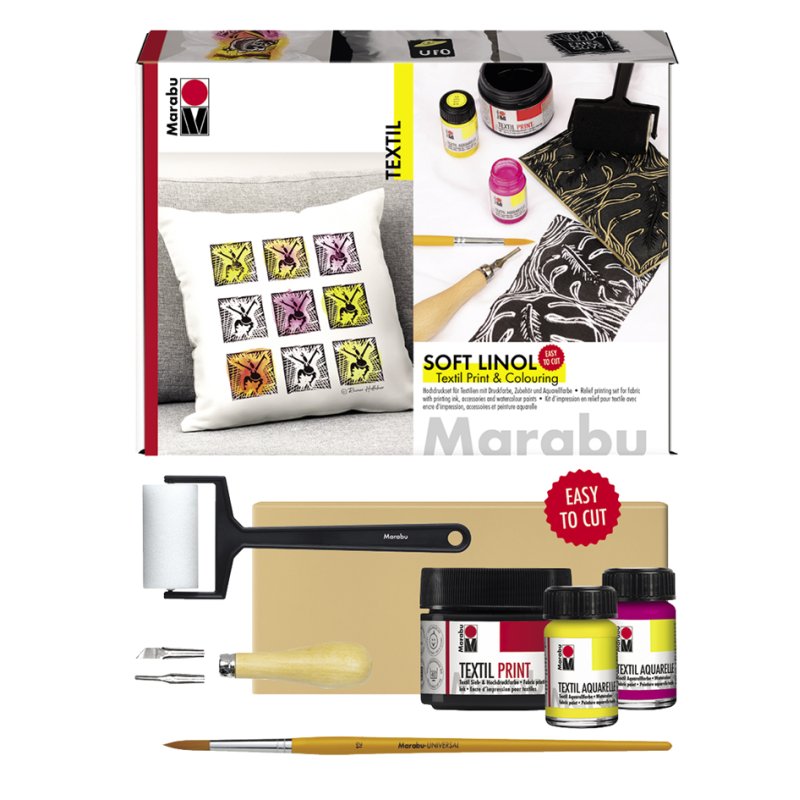 Marabu textiel transferset Zachte Linodruk & Kleuring, A5 drukplaat, 100 ml textielverf