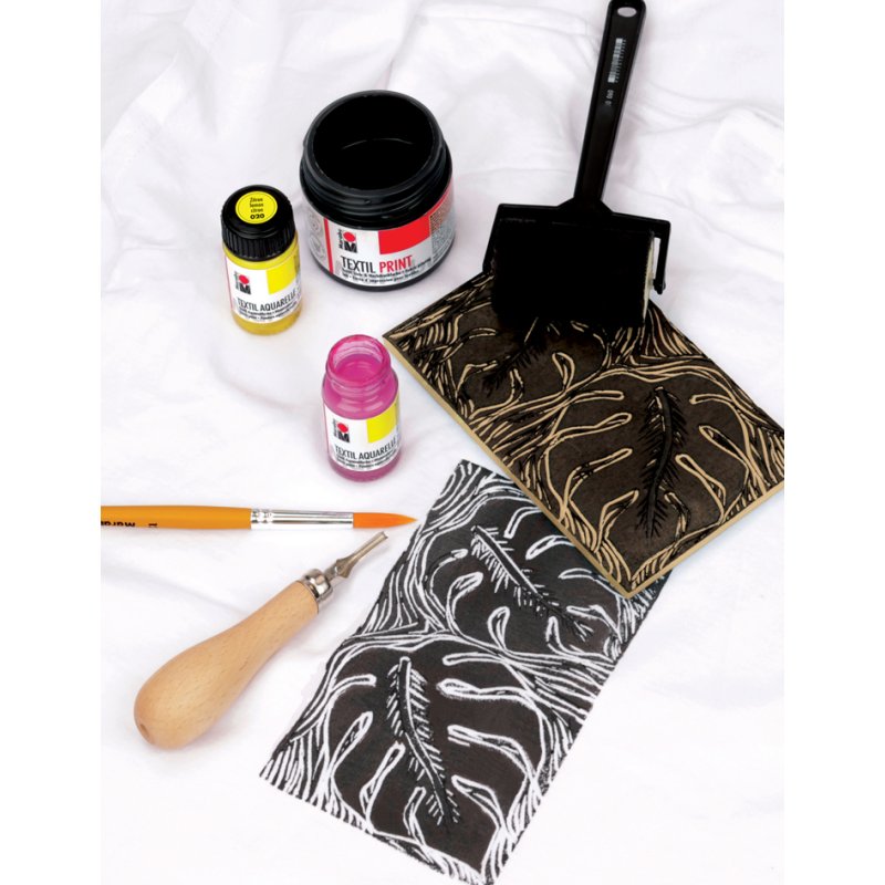 Marabu textiel transferset Zachte Linodruk & Kleuring, A5 drukplaat, 100 ml textielverf
