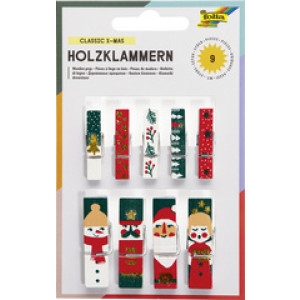 folia houten knijpers, kerstprint, 2 maten gesorteerd, 9 stuks