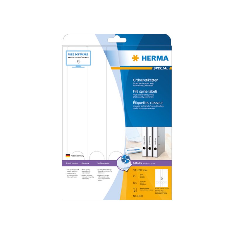 HERMA ordnerrugetiketten speciaal, 38×297 mm, wit, 125 stuks