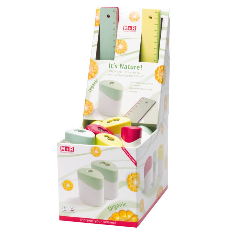 M+R présentoir scolaire Green Line Collection taille-crayons et règles, matériaux bio, 40 pièces