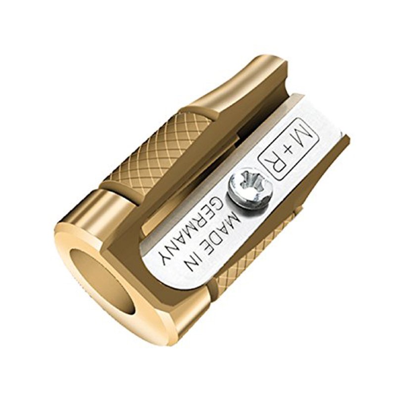 M+R pencil sharpener Pollux, gold, brass, gift packaging