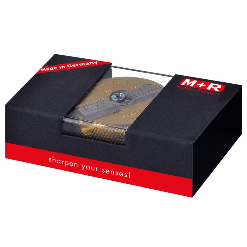 M+R dubbele puntenslijper, messing, rond, geschenkverpakking