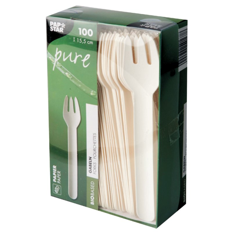 PAPSTAR fourchettes en papier pure, blanc, 155 mm, 100 pièces