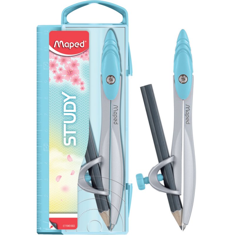 Maped compas Study PASTEL, pieds métalliques, bague adaptateur, couleurs pastel