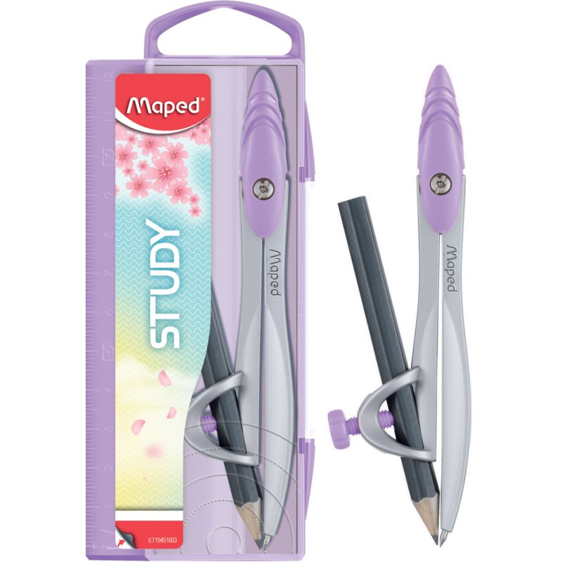 Maped compas Study PASTEL, pieds métalliques, bague adaptateur, couleurs pastel