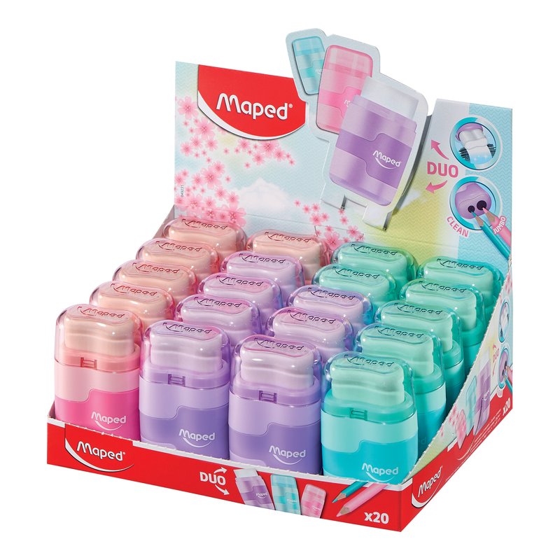 Maped Connect Duo taille-crayon-gomme combinée, couleurs pastel, 20 pièces