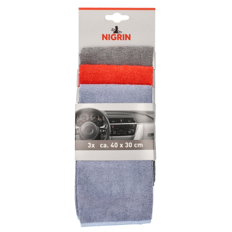 NIGRIN ensemble de chiffons microfibre, 3 pièces, 400×300 mm, gris/rouge/bleu