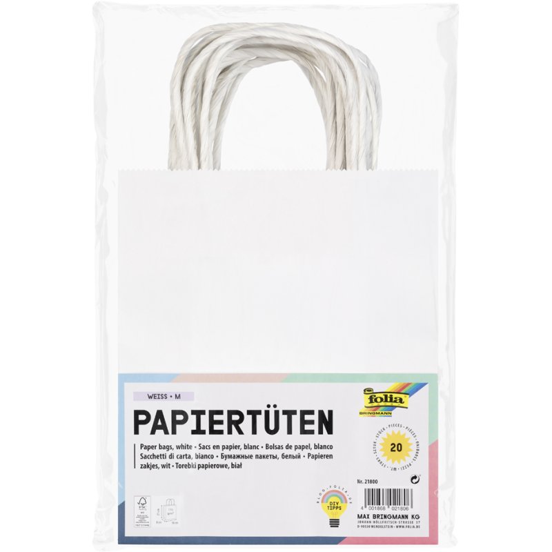 folia papieren tassen kraftpapier, 180×80×210 mm, wit, 20 stuks