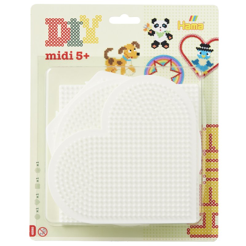 Hama iron-on bead boards, white, circles hearts squares hexagons, midi, 4 pieces