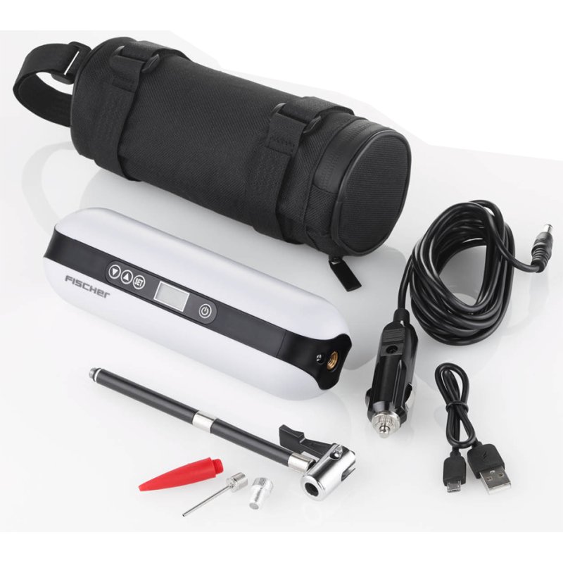 FISCHER compresseur à batterie avec powerbank et lampe de poche LED, batterie lithium-ion, écran LCD numérique