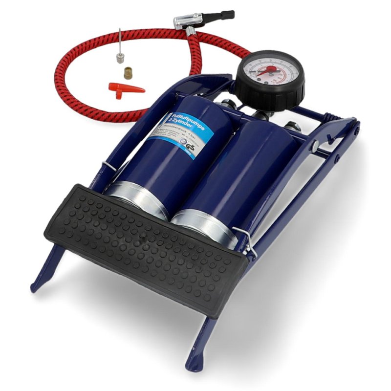 Cartrend pompe à air pour pied double cylindre, bleu, manomètre jusqu'à 7 bar, longueur du tuyau 50 cm