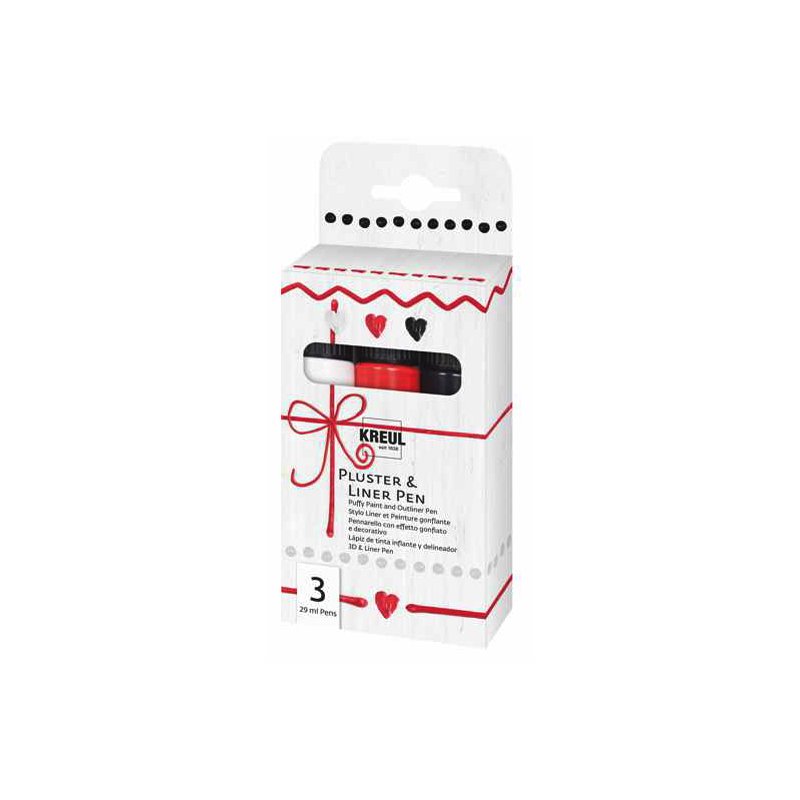 KREUL Pluster & Liner Pen, peinture effet 3D, blanc/fraise/noir, 3 pièces