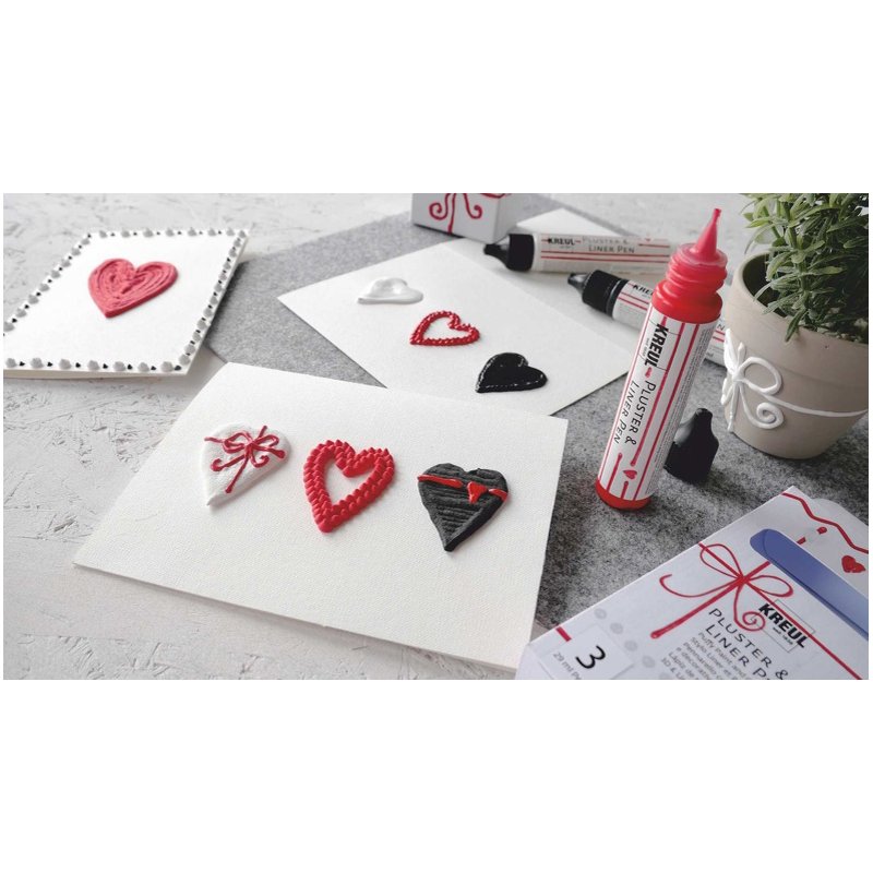 KREUL Pluster & Liner Pen, peinture effet 3D, blanc/fraise/noir, 3 pièces