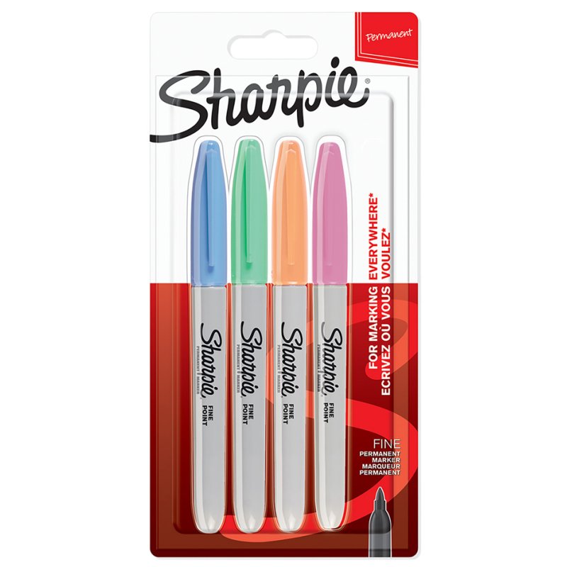 Sharpie fine pastel permanent markers, 0.9 mm, pastel colours, pack of 4