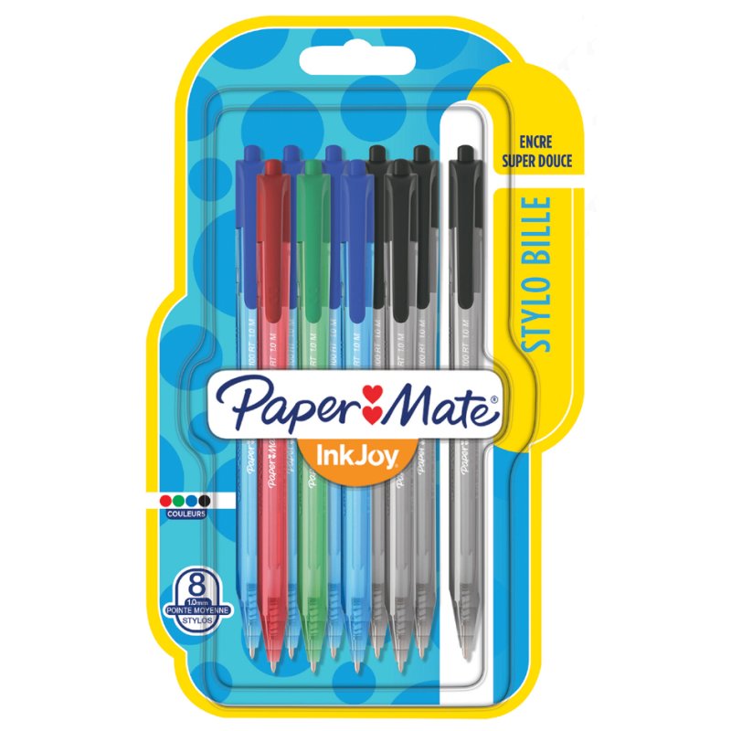 Paper Mate InkJoy 100 RT stylos à bille, mécanisme de pression, mélange de couleurs, 8 pièces