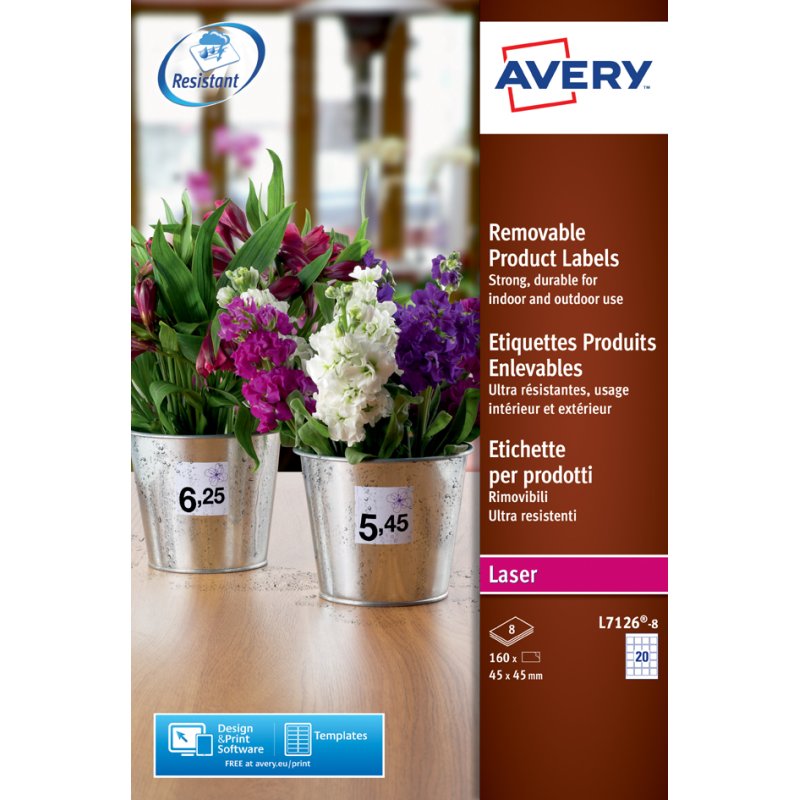 Avery scratch-resistant labels, 45×45 mm, white, 160 pieces