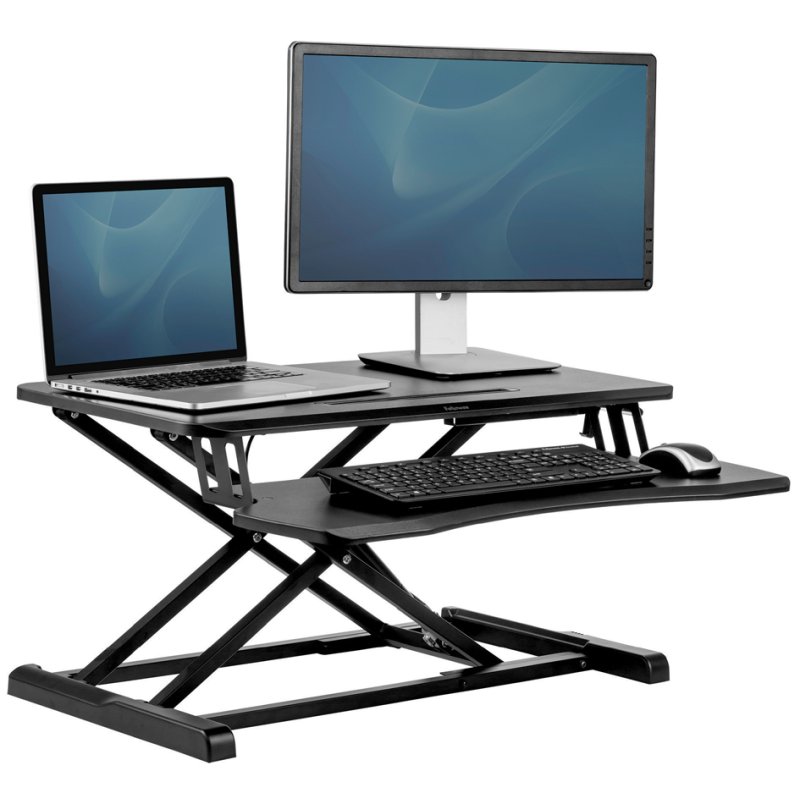 Fellowes Corsivo sit-stand workstation, gas spring, keyboard drawer, black
