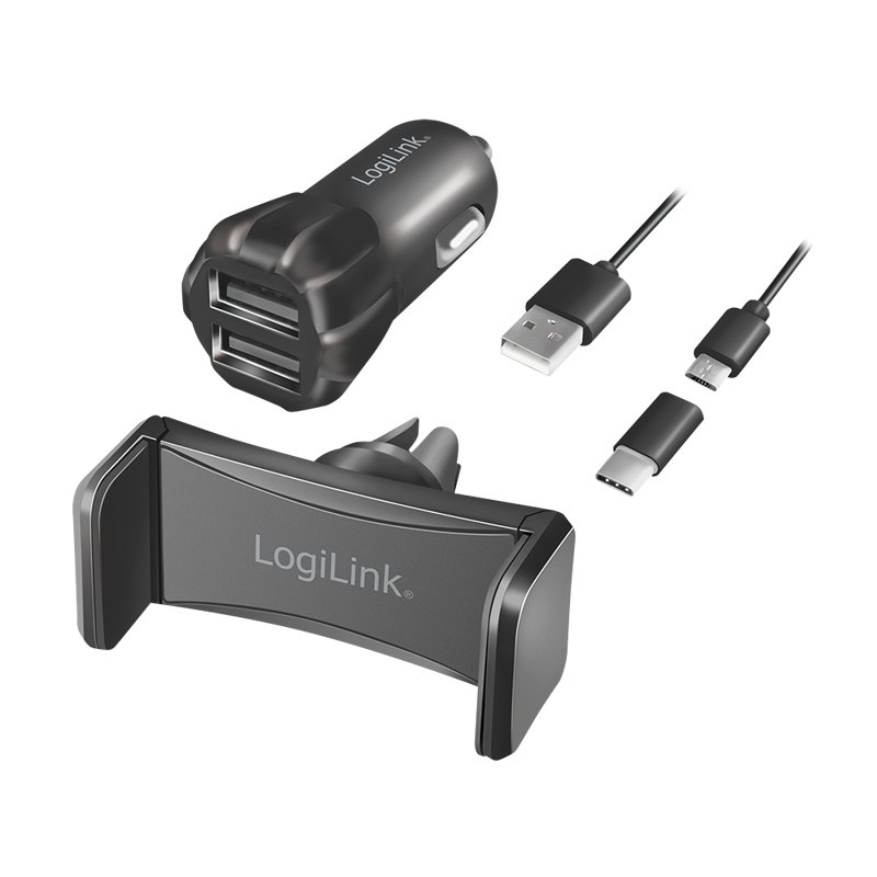 LogiLink Chargeur USB voiture avec support téléphone, noir, 2x USB, 5V/2A