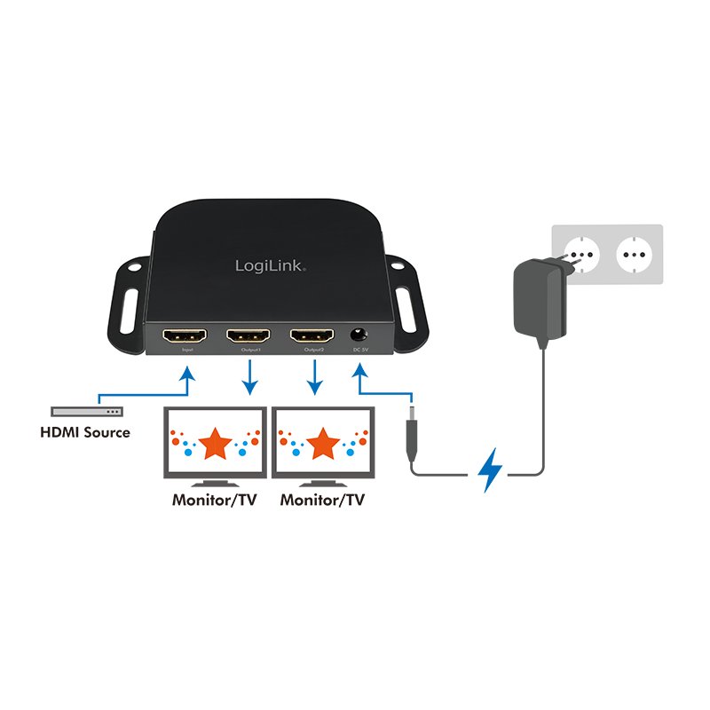 LogiLink 2-way HDMI splitter, black, mounting clip