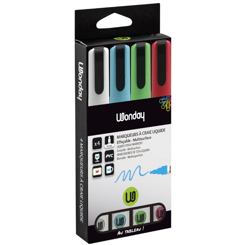 Wonday chalk markers round tip, wet-wipeable, 4.0 mm, pack of 4