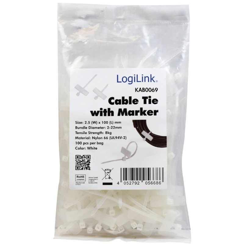 LogiLink serre-câbles avec étiquette, nylon, blanc, 100 × 2,5 mm, 100 pièces