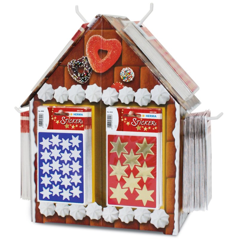 HERMA autocollants décoration noël DECOR, boîte présentoir maison pain d'épice, motifs étoiles, 160 packs