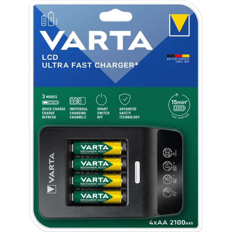 VARTA LCD Ultra Fast batterijlader, 4 AA batterijen, 15 minuten laadtijd
