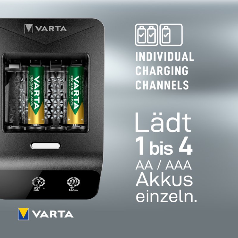 VARTA LCD Ultra Fast batterijlader, 4 AA batterijen, 15 minuten laadtijd