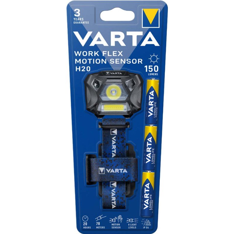 VARTA hoofdlamp Work Flex Motion Sensor H20, bewegingssensor, 150 lm, inclusief 3x AAA batterijen