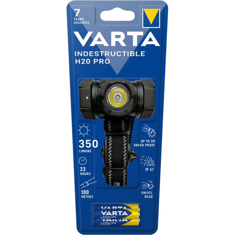 VARTA hoofdlamp Indestructible H20 Pro, 350 lumen, 100 m, inclusief 3 AAA batterijen