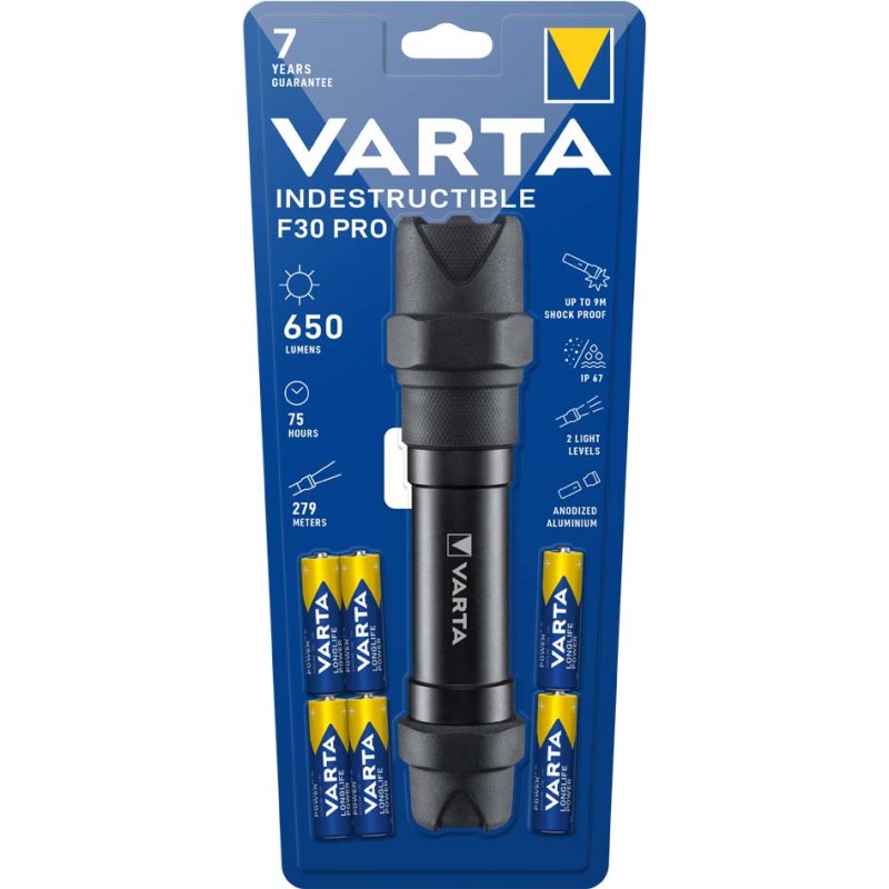 VARTA zaklamp Indestructible F30 Pro, 650 lumen, 279 m, incl. 6× AA batterijen
