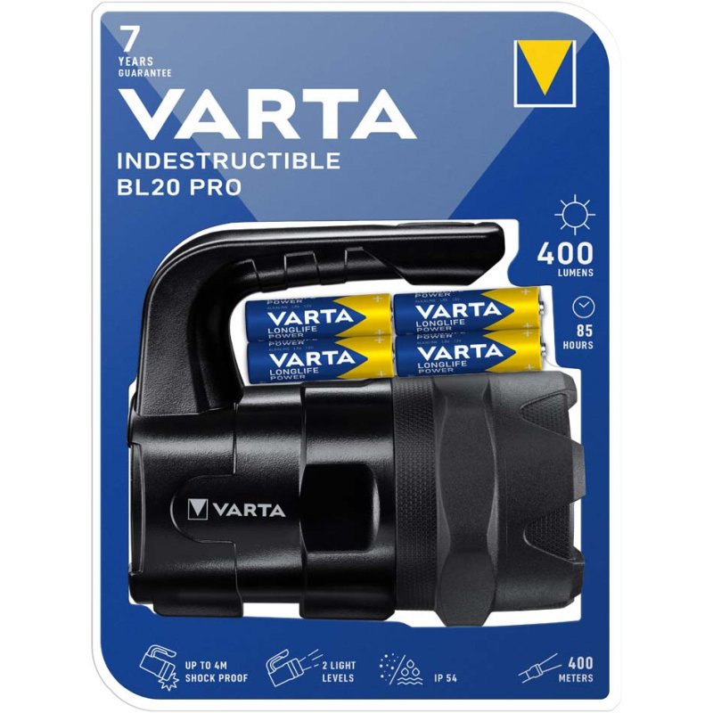 VARTA zaklamp Indestructible BL20 Pro, 400 lumen, 400 m bereik, inclusief 6x AA batterijen