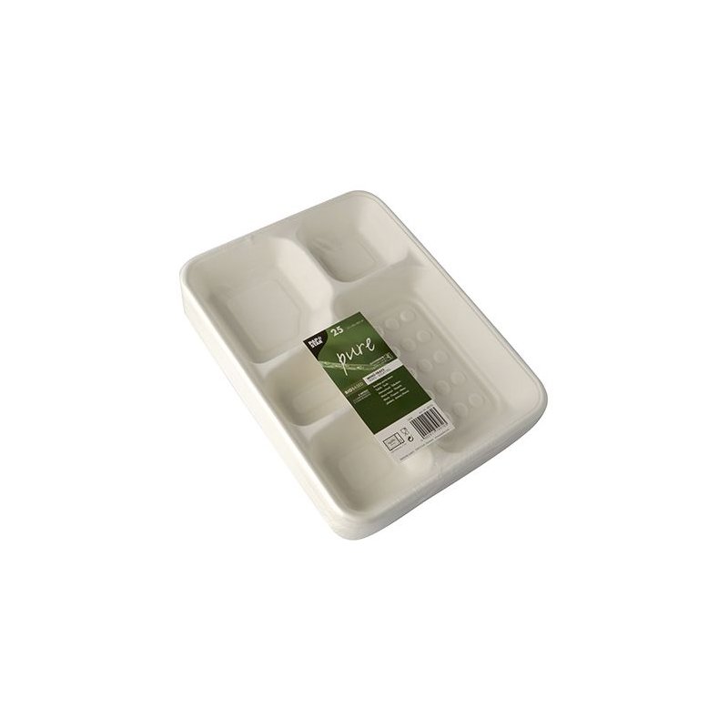 PAPSTAR plateaux-menus bagasse, 5 compartiments, blanc, 25 pièces