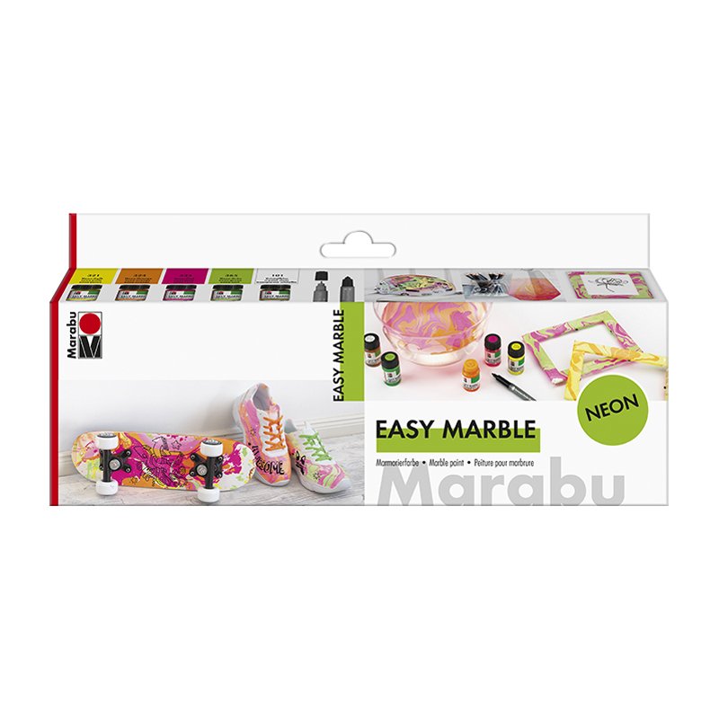 Marabu marmerverf Easy Marble, neon set, 5 × 15 ml, met zwarte marker