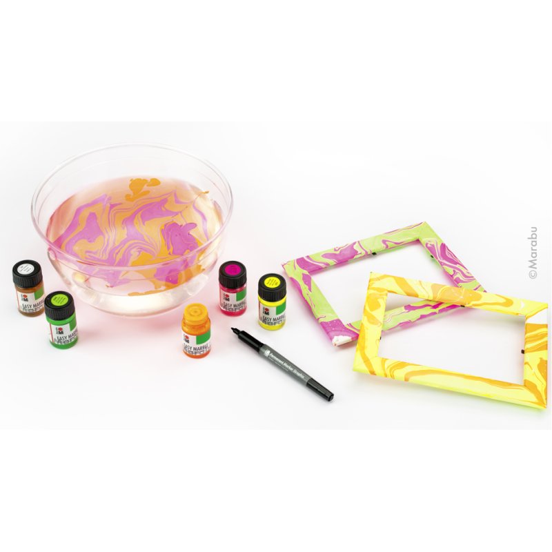 Marabu marmerverf Easy Marble, neon set, 5 × 15 ml, met zwarte marker