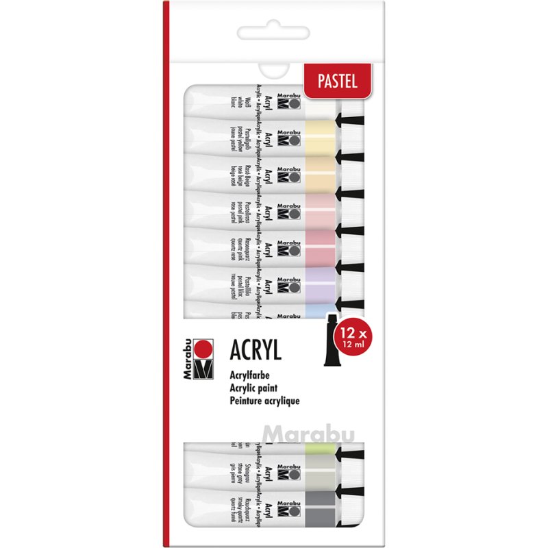 Marabu acrylverf set Pastell, 12 kleuren, 12 x 12 ml