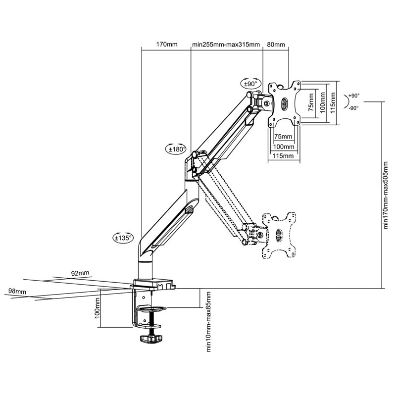 DIGITUS bras universel pour moniteur, 15-32 pouces, fixation par pince, système ressort pneumatique
