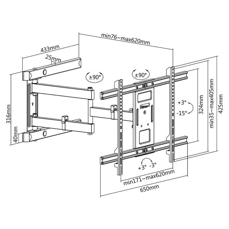 LogiLink Support mural TV entièrement articulé, 37-80 pouces, max 60 kg