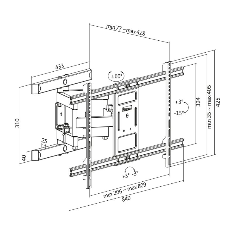 LogiLink TV-support mural Full Motion, 43-90 pouces, acier noir, max 60 kg