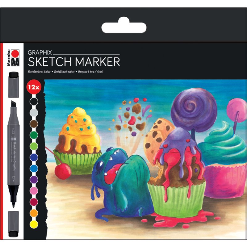 Marabu Sketch-Marker Graphix SUGARHOLIC, set van 12 stuks, 1-7 mm
