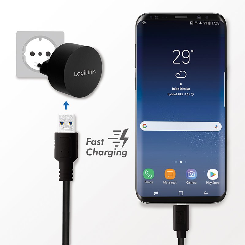 LogiLink USB wall socket adapter fast charging, 1x USB, black, 5V/2.1A